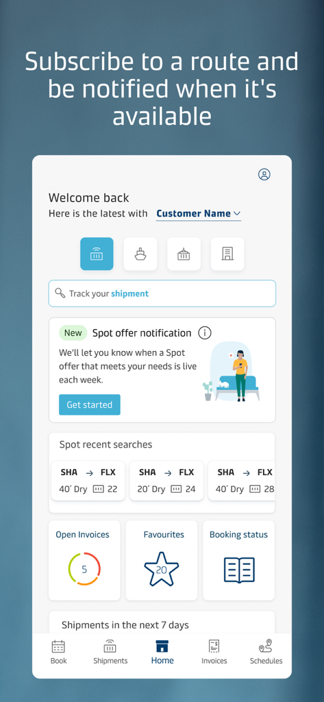 Maersk - 出荷追跡とルート通知機能を表示するマースクモバイルアプリのダッシュボード