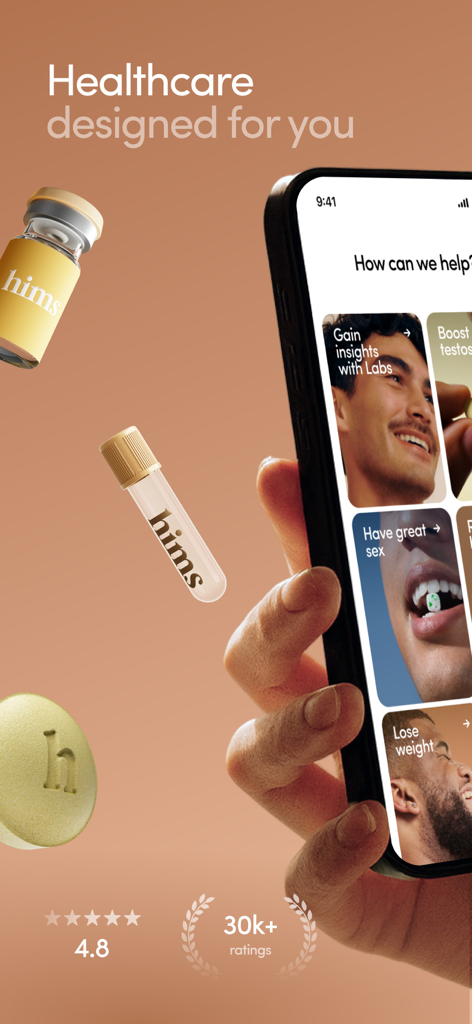 Hims telehealth app interface showing personalized healthcare services for men