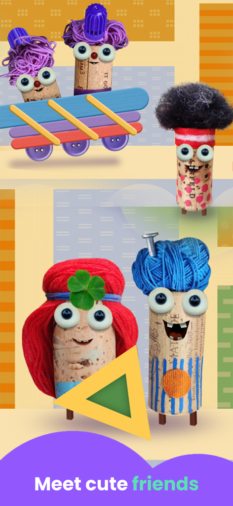 Number Games for Kids - Un grupo de personajes caprichosos hechos de corchos e hilo con el texto Conoce amigos adorables