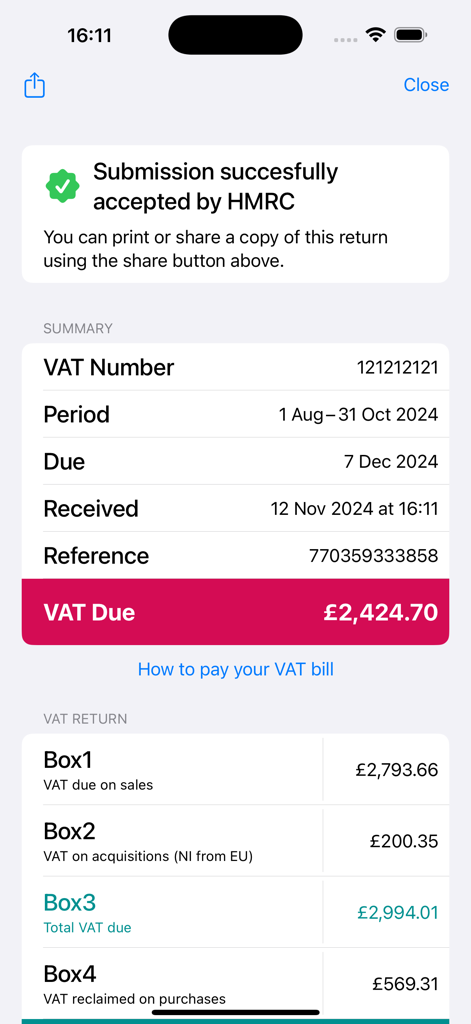 Screen showing a successful VAT return submission to HMRC with tax details