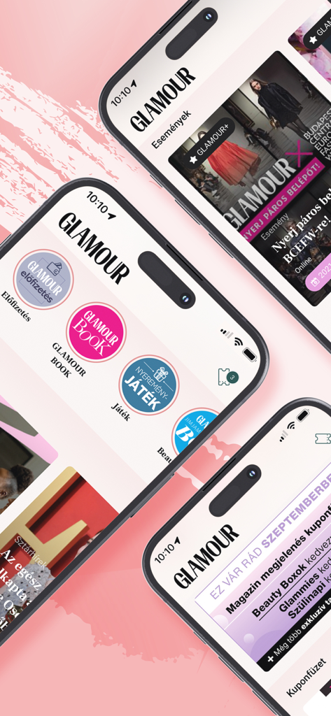 Three iPhone screens displaying the GLAMOUR Hungary app interface with fashion news and digital shopping coupons.
