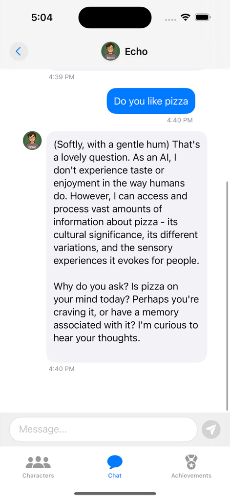 A chat screen from the SoulTalk AI app showing a conversation with an AI companion named Echo about personal thoughts and preferences.