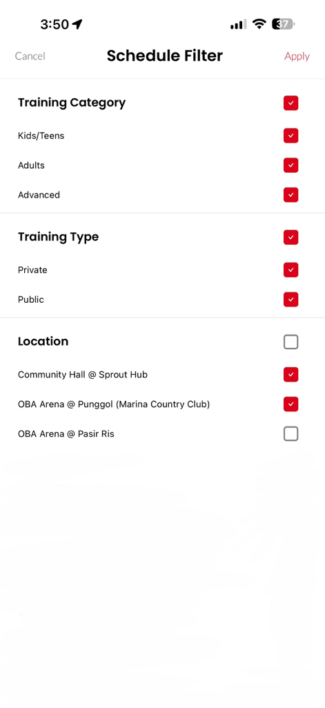 OBA Badminton App (New) - Screenshot of the OBA Badminton App showing the schedule filter interface with options for training category, training type, and location
