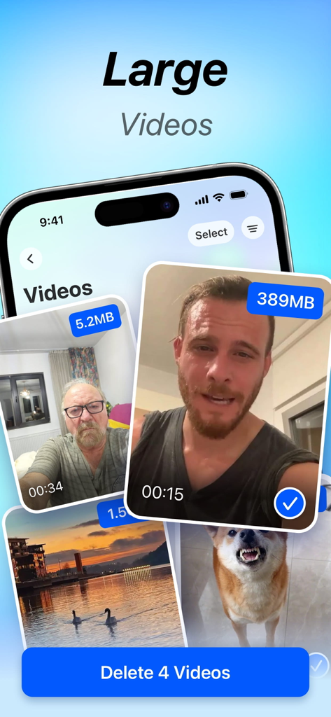 Storage Cleaner: Clean Mate - A mobile app interface from Storage Cleaner showing a list of large video files with their sizes and a button to delete them.