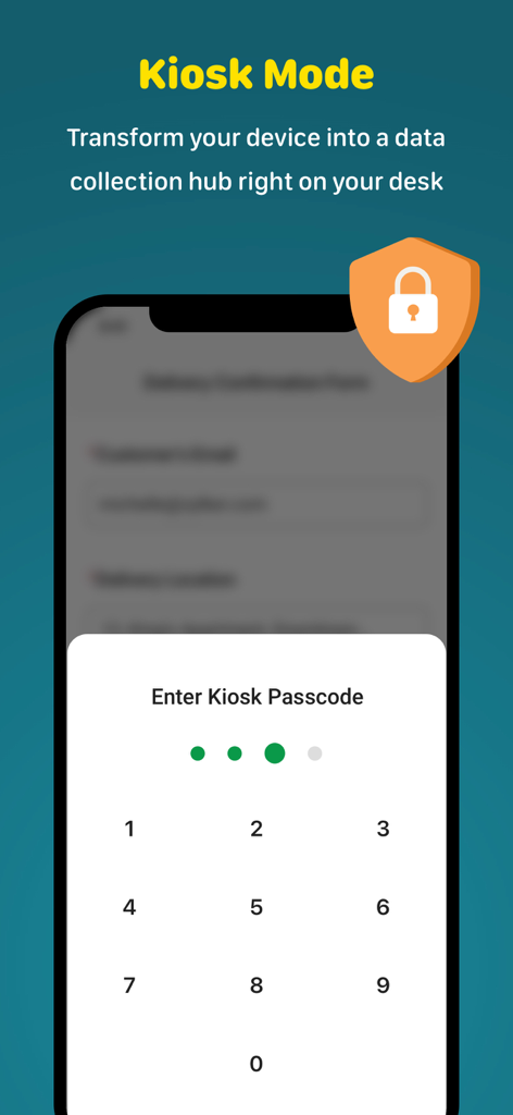 Zoho Forms Kiosk Mode feature showing a secure passcode entry screen for data collection.
