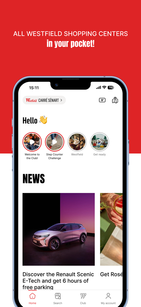The home screen of the Westfield shopping app featuring center news and lifestyle stories.