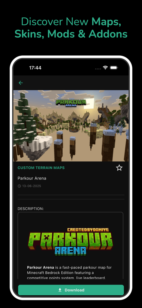 Addons skins for Minecraft - Captura de pantalla de la app Addons skins para Minecraft mostrando la descripción de un mapa de parkour y el botón de descarga