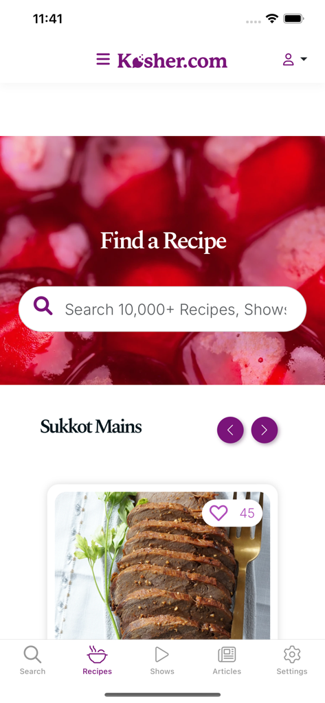 Kosher.com - Kosher.com app interface showing the recipe search bar and Sukkot holiday meal suggestions.