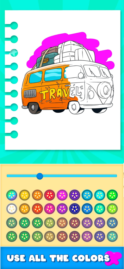 Cars Coloring Pages Game . - Eine Malvorlage für Kinder, die einen Reisevan mit Gepäck auf dem Dach und eine große Auswahl an Farben zeigt.