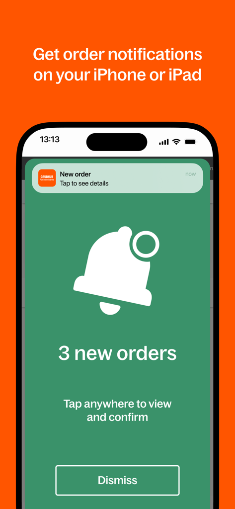 Grubhub for Restaurants - Grubhub for Restaurants-App, die neue Bestellbenachrichtigungen auf einem iPhone-Bildschirm anzeigt.