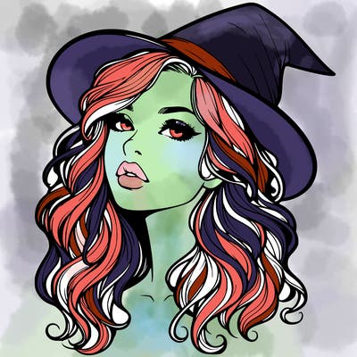 realistic witch girl with wavy hair and lips