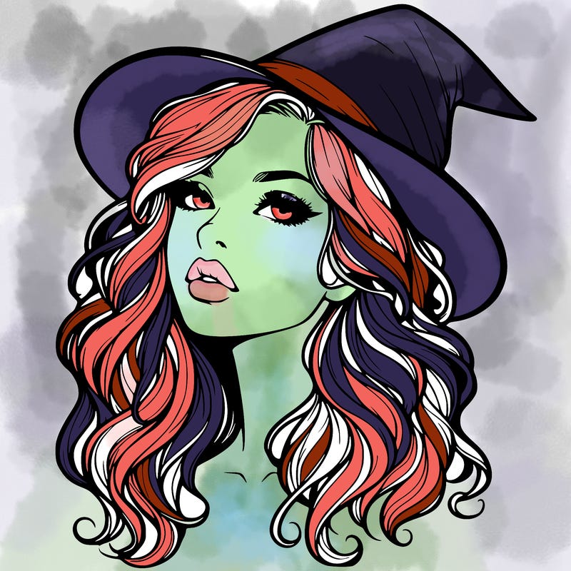 realistic witch girl with wavy hair and lips