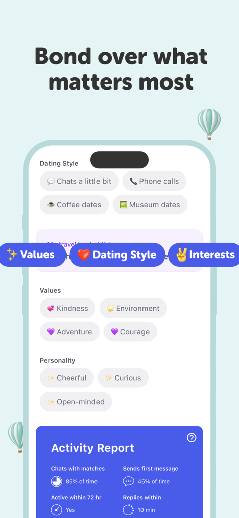 A detailed Coffee Meets Bagel profile screen showing user dating styles, personal values, and an activity report.