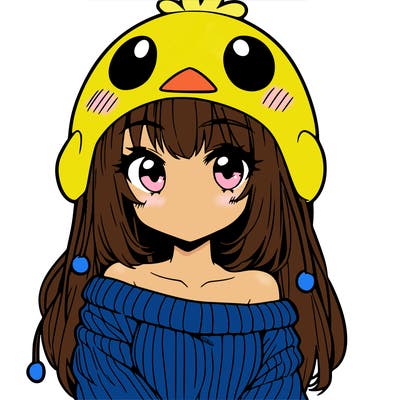 anime girl with chick shaped hat with sweater with bare shoulders with bangs covering them one eye with low tail