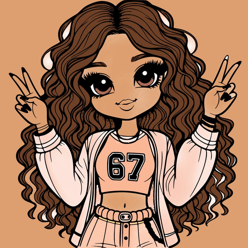 a cute girl that has a crop top that says 67 on it she has long hair and her hair is curly and she has a cute shirt on and she has on nails and i smacking a peace sign with both hand in the air