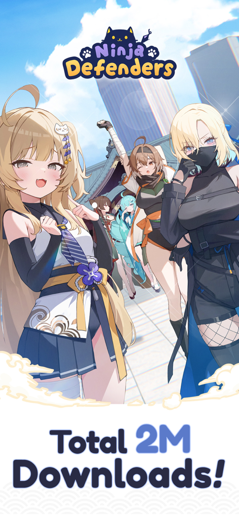 Group of anime style cat ninjas from Ninja Defenders celebrating 2 million downloads