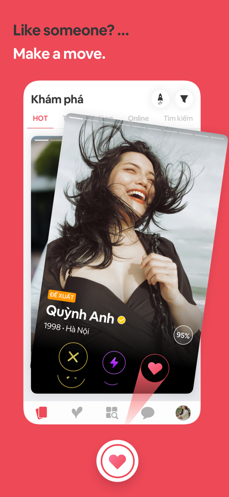 YmeetMe app discovery screen showing a verified profile of a Vietnamese user with options to like or skip.