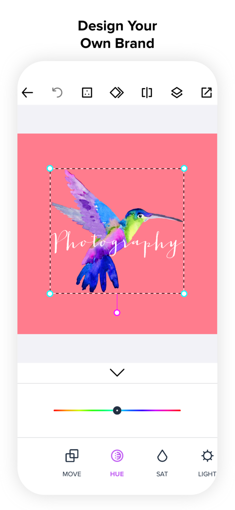 Interfaz de aplicación móvil que muestra un diseño de logo de colibrí en acuarela para un negocio de fotografía con herramientas de ajuste de color