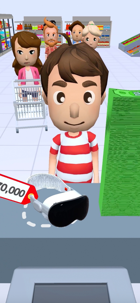 Cashier checkout scene in Hypermarket 3D with customers and a stack of money