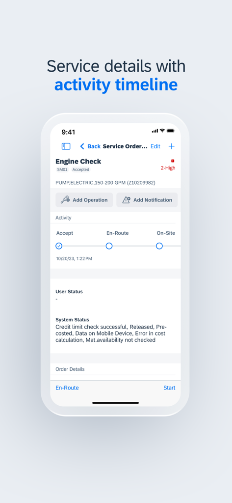 SAP Service and Asset Manager - Eine mobile Oberfläche für SAP Service and Asset Manager, die Service-Details und eine Fortschrittszeitleiste für eine Hochleistungs-Motoreninspektion anzeigt