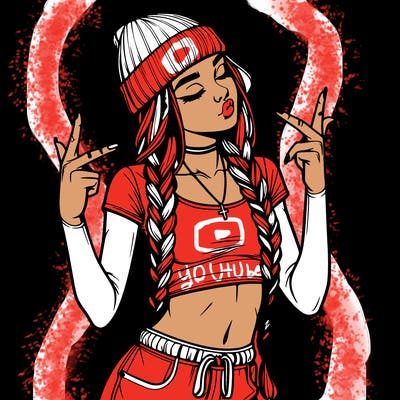 realistic teenage girl with braids and a beanie and crop top doing 🫶🏼