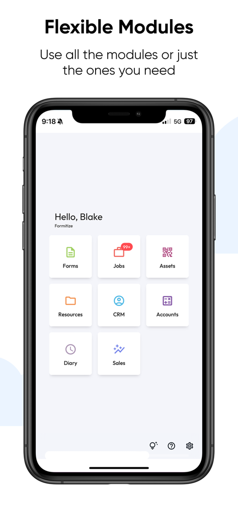 Formitize - Painel do aplicativo móvel Formitize mostrando vários módulos de negócios, incluindo tarefas, CRM e formulários.