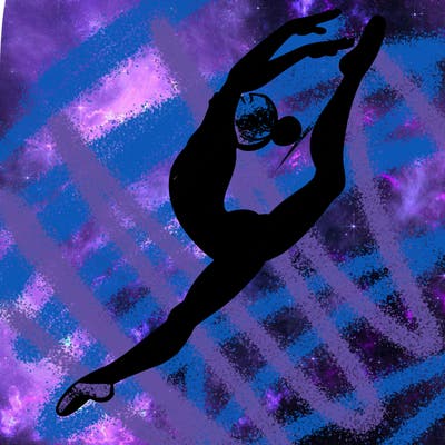 gymnast doing a leap in a leotard with a bent back leg