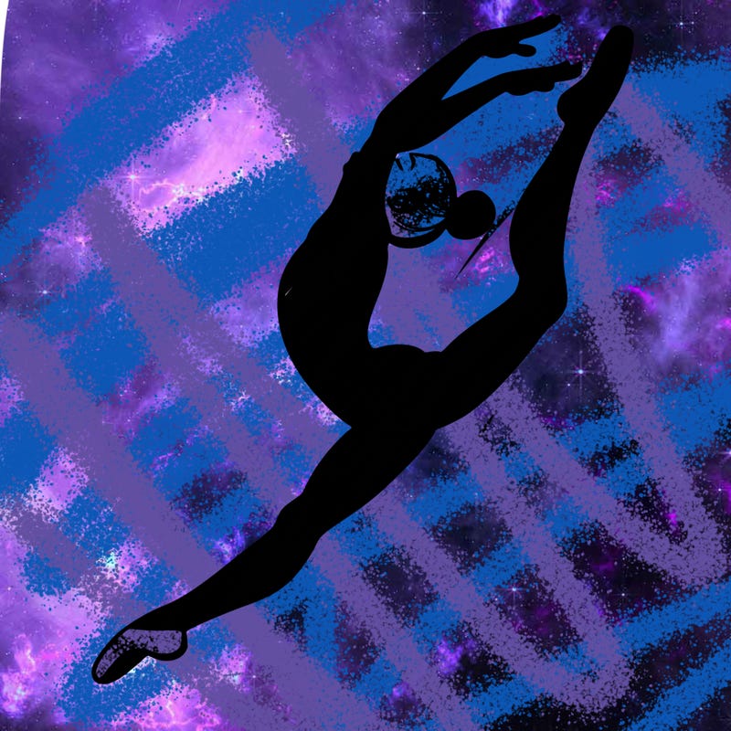 gymnast doing a leap in a leotard with a bent back leg