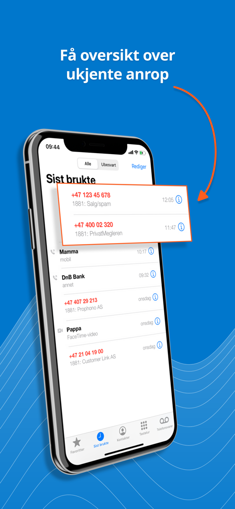 1881 Mobilsøk - 1881 Mobilsøk 앱이 통화 기록에서 알 수 없거나 스팸 전화를 식별하는 스마트폰 화면.