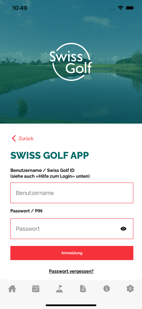 Swiss Golf - Login screen of the Swiss Golf app featuring a scenic golf course background and fields for username and password.