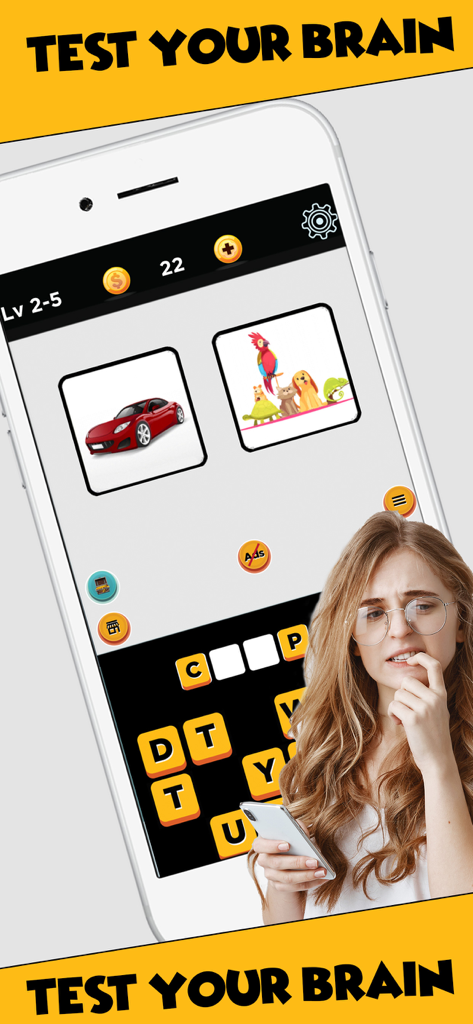 Guess the Pictures - Logo Quiz - A woman thinking while playing a picture-based rebus puzzle on a mobile phone with the headline Test Your Brain.