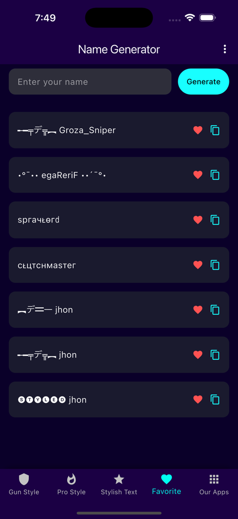 Name Generator For Games - Screen showing favorited gaming nicknames with stylish fonts and symbols
