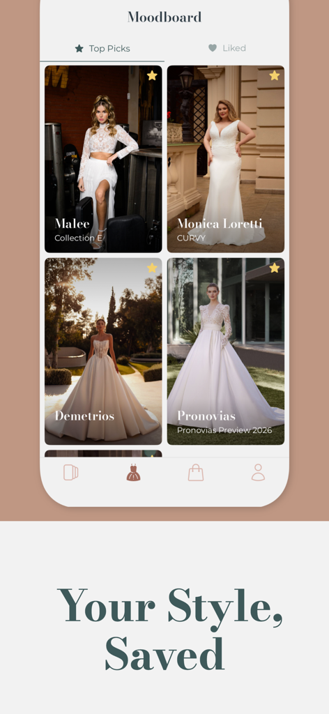 Interfaz de la aplicación Bridify mostrando un tablero de inspiración curado de vestidos de novia de diseñador.