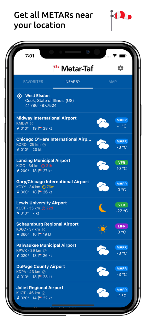 List of nearby airports with aviation weather reports and flight rules in the Metar-Taf app