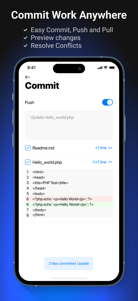 CodeSnack IDE - Mobile app screen showing the Git commit and push interface with a code diff preview for a PHP file in CodeSnack IDE