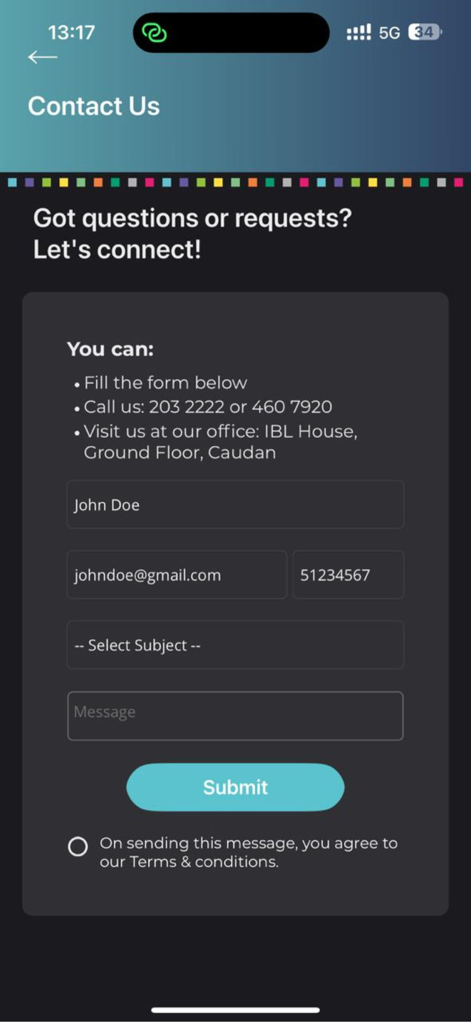 Contact us screen for the wiiv loyalty app with a support form and contact information