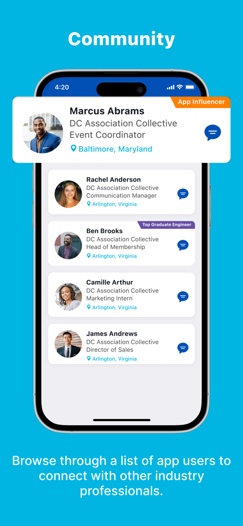 ICPC - Screenshot of the ICPC app community screen showing a list of professional members for networking and messaging.