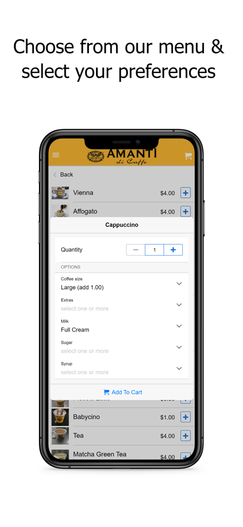 Amanti di Caffeアプリのコーヒー注文カスタマイズ画面。サイズやミルクのオプションがあります。