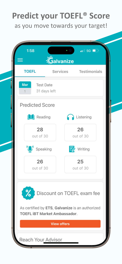 TOEFL® Prep & Mock Tests - Pantalla de aplicación móvil que muestra puntuaciones predichas del TOEFL para las secciones de lectura, comprensión auditiva, expresión oral y escrita.