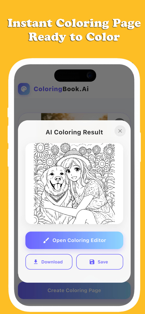 A mobile app screen showing an AI generated coloring page of a girl hugging a dog