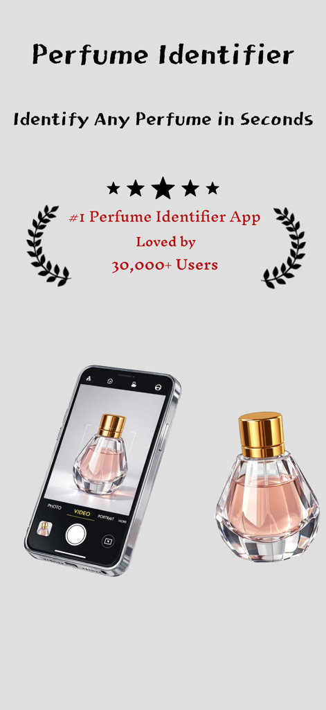 AI Perfume Identifier Scanner - Smartphone che scansiona una bottiglia di profumo rosa usando l'interfaccia dell'app AI Perfume Identifier Scanner