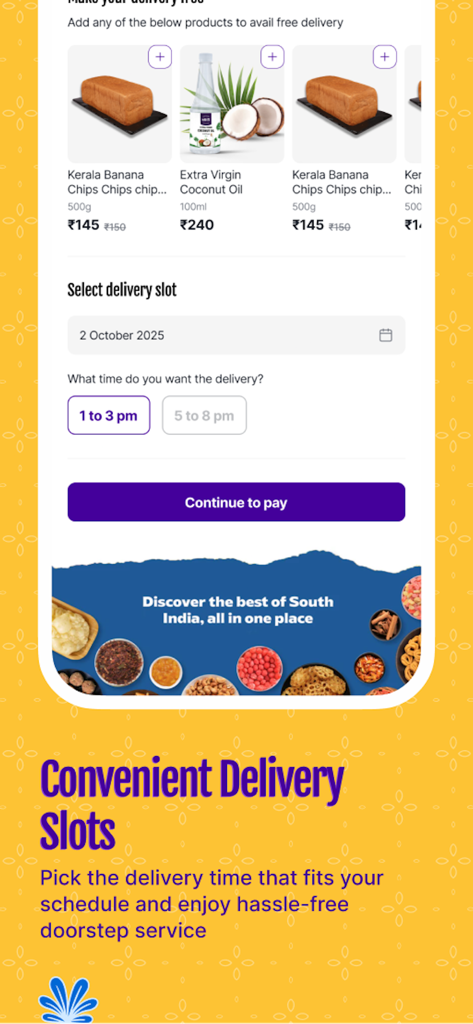 Southside Store app interface showing delivery slot selection and authentic South Indian products