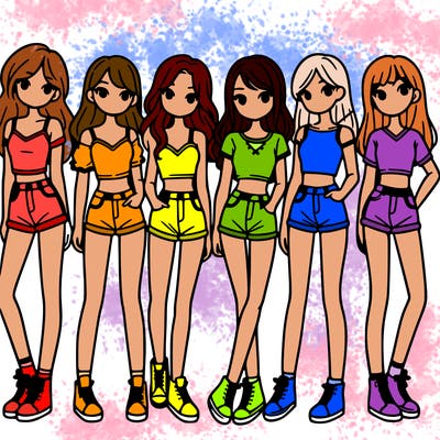 a group of girls wearing crop tops and shorts