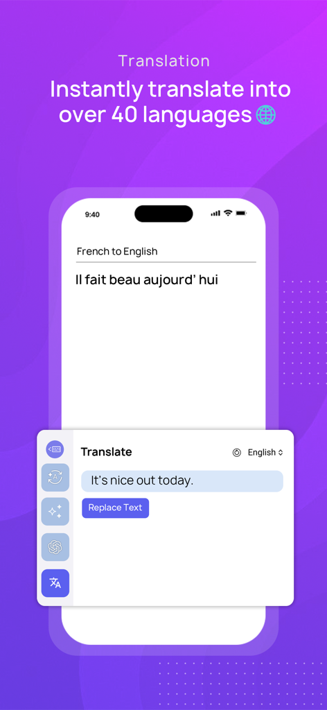 CleverType - AI Keyboard - CleverType AI keyboard interface showing a real-time translation from French to English on a mobile device.