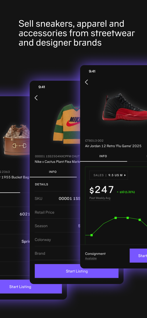 Interface of the alias app showing streetwear listings and real time sneaker market pricing data