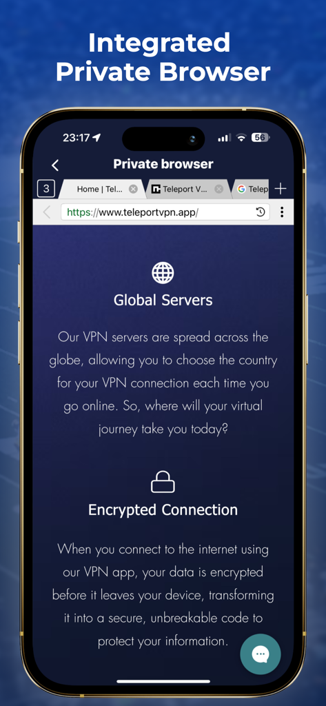 Teleport VPN - Super Unlimited - A smartphone screenshot of the Teleport VPN app showing its integrated private browser with information on global servers and encrypted connections.