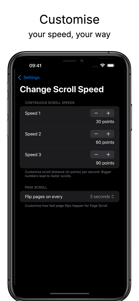 Safari용 조정 가능한 연속 스크롤 속도 및 페이지 넘김 설정을 보여주는 Glida의 모바일 앱 인터페이스