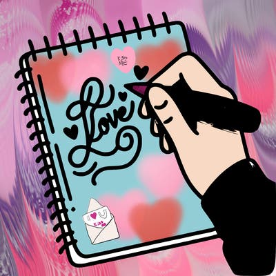 a hand writing “love” in calligraphy on a notebook