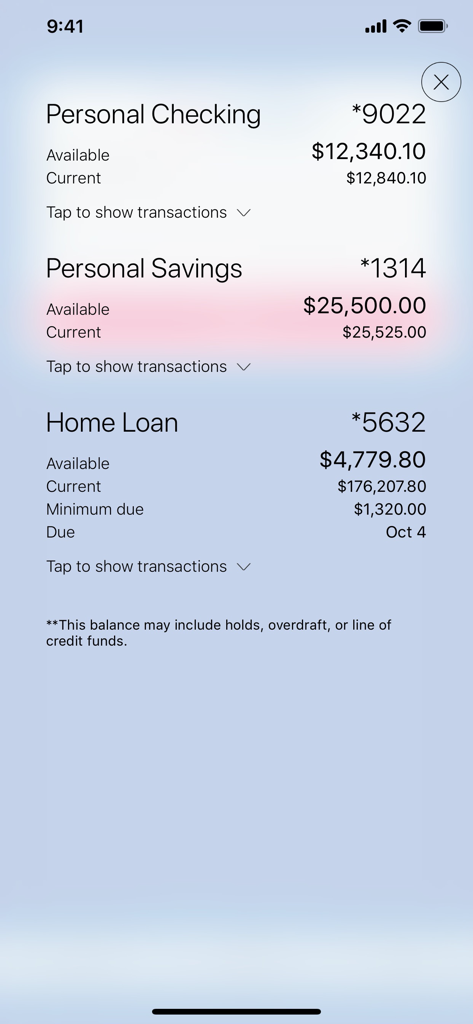 CBTx Mobile Banking - CBTx mobile banking app screen showing personal checking, savings, and home loan balances