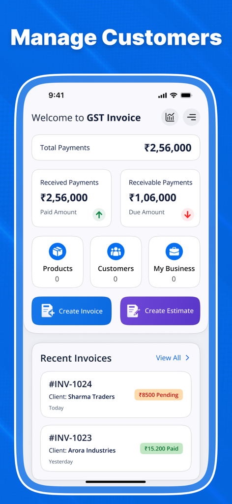 Mobile app dashboard for GST billing showing total payments, receivable amounts, and a list of recent invoices.